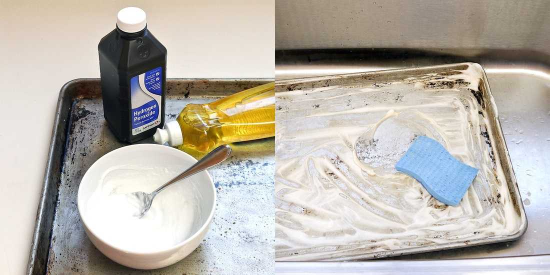 Сода и перекись водорода, средство для мытья посуды, чистка сковороды содой и перекисью